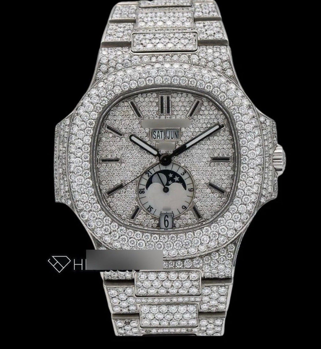 Patek Philippe Nautilus Moonphase White Dial Stick Markers Diamond Bezel