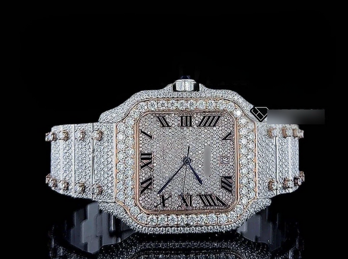Cartier Santos Rose Gold Black Roman Numerals Two Tone fully Iced Out