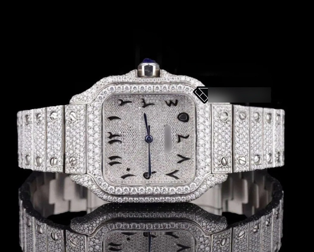 Cartier Santos Black Arabic Numerals Fully Iced Out