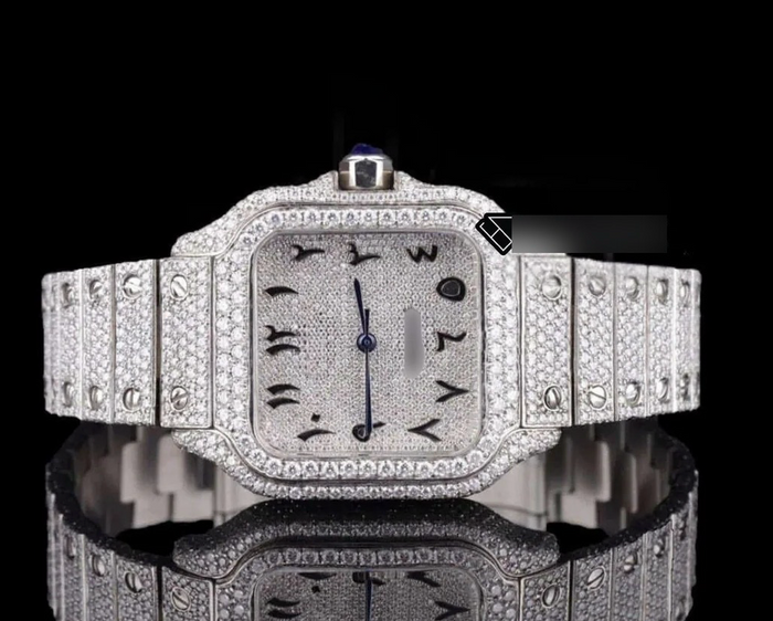 Cartier Santos Black Arabic Numerals Fully Iced Out