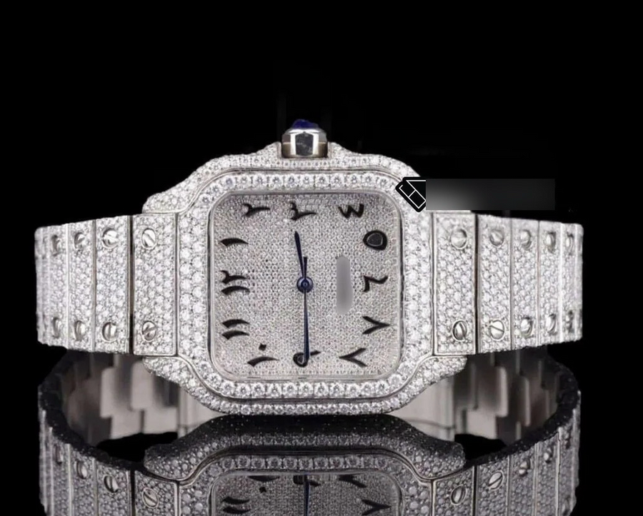 Cartier Santos Black Arabic Numerals Fully Iced Out
