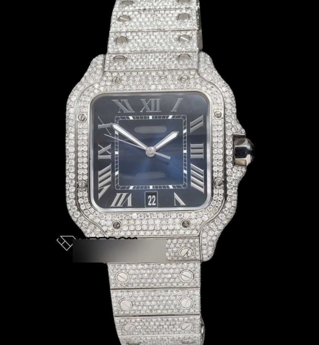 Cartier Santos Blue Dial Roman Numerals Diamond Bezel Fully Iced Out